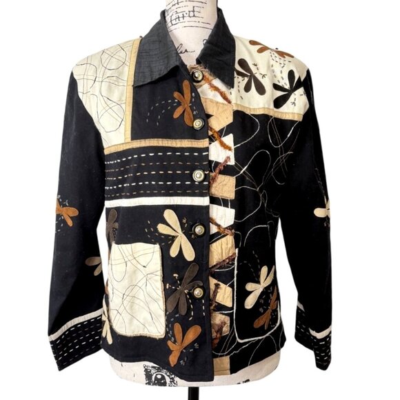 Yak Magik Jackets & Blazers - Yak Magik Women Size S Jacket Patchwork Art Embroidered Dragonfly Black Cream